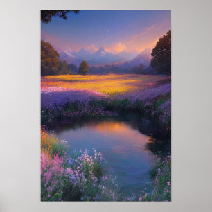 Poster Un étang parmi les fleurs