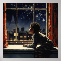 Un garçon noir regarde aux lumières de Noël à la v