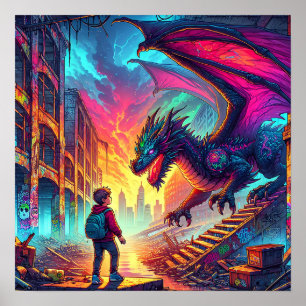 Poster Un garçon rencontre un dragon dans un monde dystop