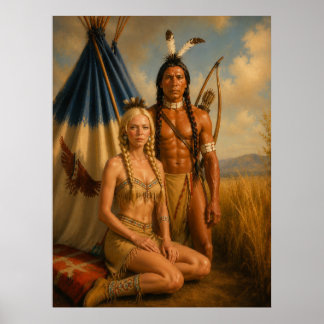 Poster Un guerrier amérindien et sa squaw blonde ART
