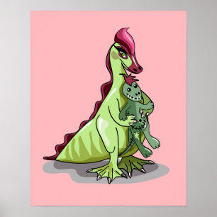 Poster Un Hadrosaurus Féminin Tenant Une Poupée.