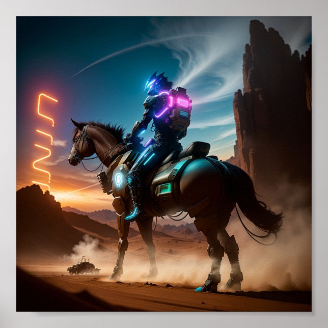 Poster Un homme futuriste à cheval dans le désert (Devant)
