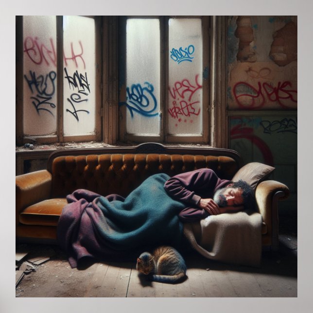 Poster Un homme sans abri qui dort dans un immeuble aband (Devant)