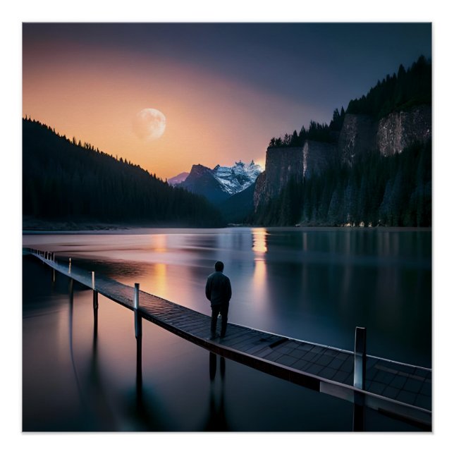 Poster Un homme solitaire réfléchissant sous un ciel clai (Devant)