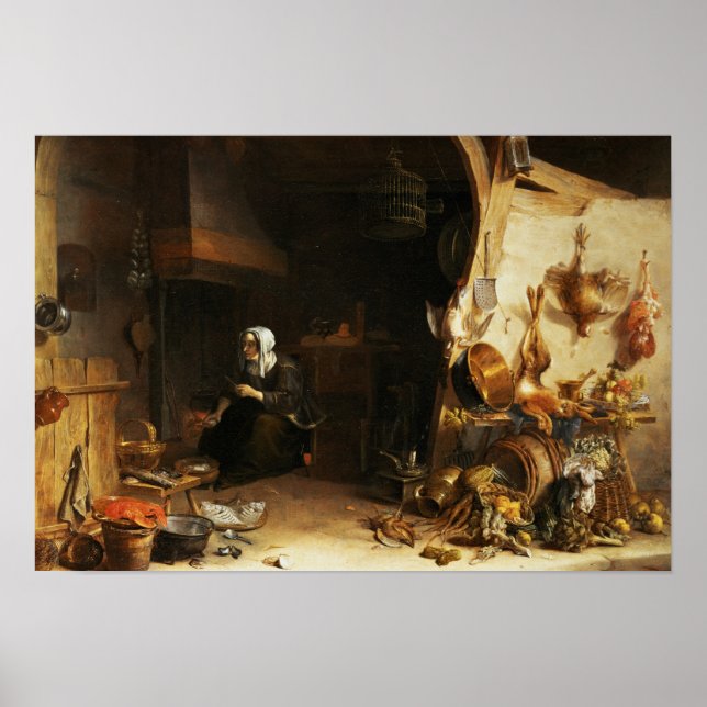 Poster Un intérieur cuisine avec une serveuse (Devant)