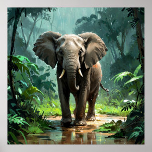 Poster Un jeune éléphant étonnant sous la pluie dans la j
