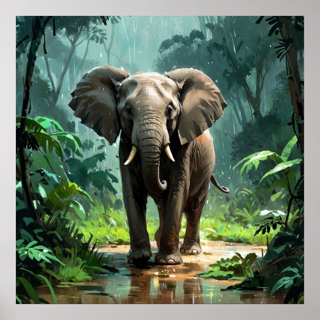 Poster Un jeune éléphant étonnant sous la pluie dans la j (Devant)