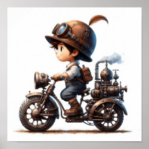 Poster Un jeune enfant heureux à bord d'une moto Steampun