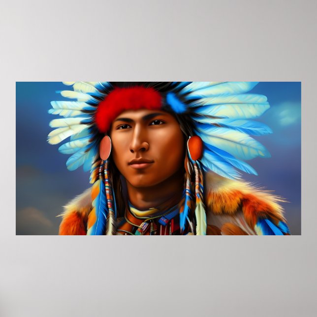 Poster Un jeune Indien américain avec plumes bleu (Devant)
