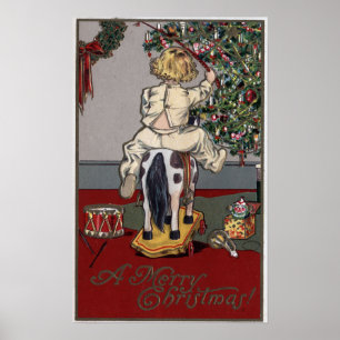 Poster Un joyeux ChristmasKid sur un cheval de basculage