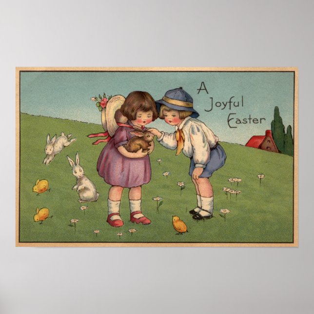 Poster Un Joyeux PâquesEnfants tenant un lapin (Devant)