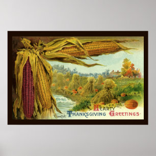 Poster Un joyeux Thanksgiving ; maïs indien et meules de