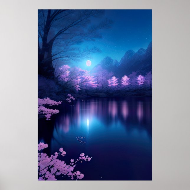 Poster Un lac à la floraison de cerisiers la nuit (Devant)