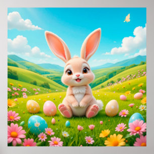 Poster Un lapin adorable dans une prairie colorée de prin