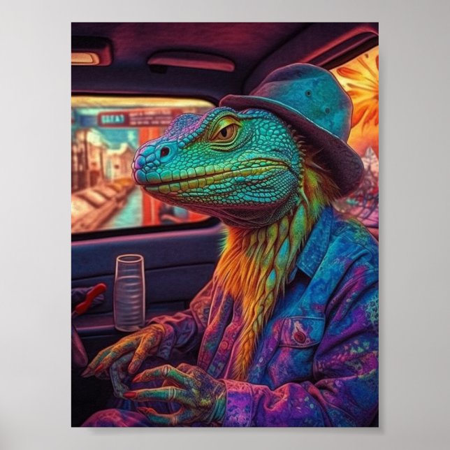 Poster Un lézard psychédélique dans un véhicule (Devant)