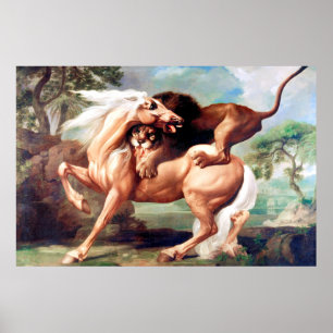 Poster Un Lion Attaquant Un Cheval Peint