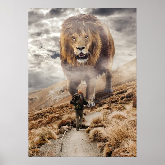Poster Un lion géant contre l'homme - Un esprit de réussi (Devant)