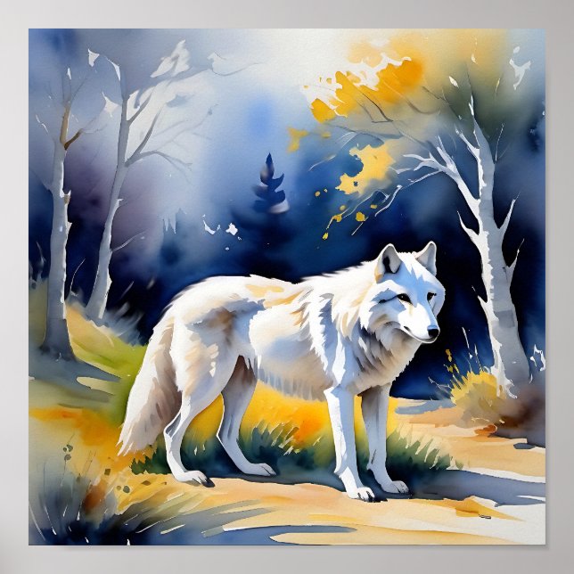 Poster Un loup dans une aquarelle de forêt (Devant)