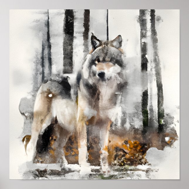Poster Un loup d'aquarelle étonnant (Devant)