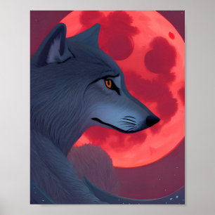 Poster Un loup gris qui s'attarde sur une lune de sang