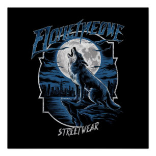 Poster Un loup solitaire, hurlant à la pleine lune sur un