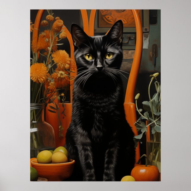 Poster Un magnifique chat noir dans une chaise orange (Devant)