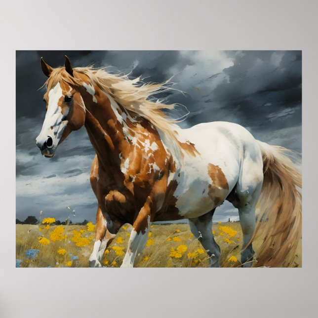 Poster Un magnifique cheval de Pinto dans un pré (Devant)