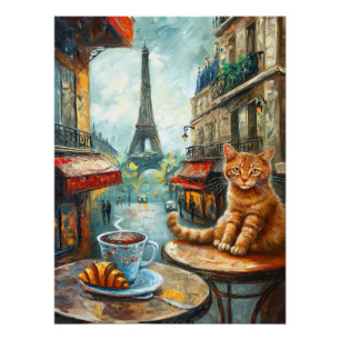 Poster Un matin à Paris Chat au gingembre dans un café