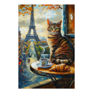 Poster Un matin à Paris   Chat tigré dans un café