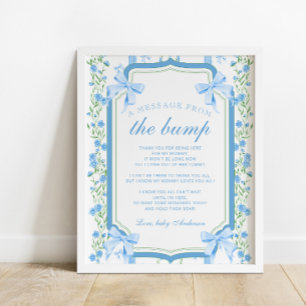 Poster Un Message Du Baby shower Floral Bleu Bump