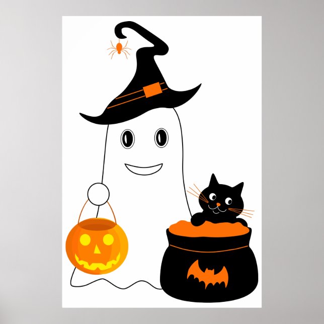 Poster Un mignon fantôme avec chat noir célébrer l'hallow (Devant)