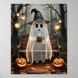 Poster Un mignon fantôme branché avec café dans la forêt