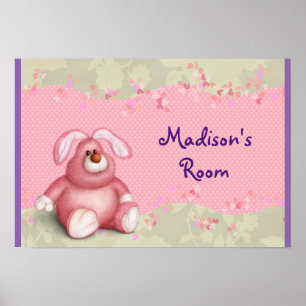 Poster Un mignon lapin rose avec Coeurs et Foliage