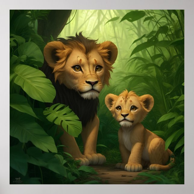 Poster un minuscule lion avec un grand coeur dans la jung (Devant)