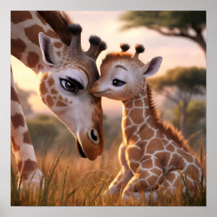 Poster Un moment tendre de girafe : la mère et le bébé s'