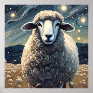 Poster Un mouton dans la nuit étoilée