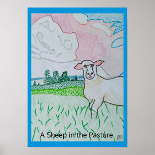 Poster Un mouton dans le pâturage Épaisse frontière bleue
