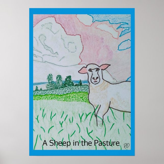 Poster Un mouton dans le pâturage Épaisse frontière bleue (Devant)