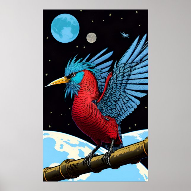 Poster Un oiseau avec un bâton dans l'espace (Devant)
