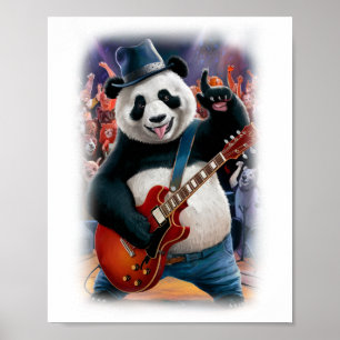 Poster Un panda rockeur drôle sur scène sur un fond blanc