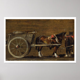 Poster Un panier de ferme avec deux chevaux en harnais : 