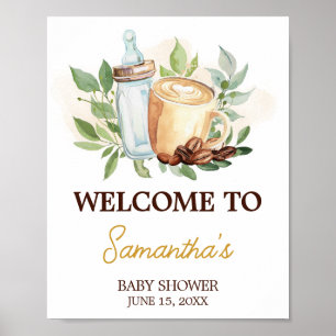Poster Un panneau de bienvenue Bébé prépare du café