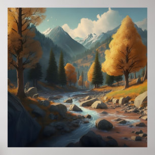Poster un paysage d'automne avec des arbres, des montagne