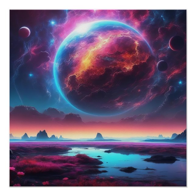 Poster Un paysage de rêve cosmique avec une planète de fe (Devant)