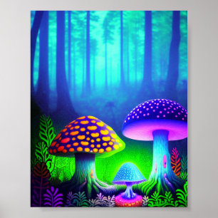 Poster Un paysage de rêve de forêt vibre avec des champig