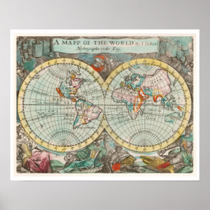 POSTER "UN PLAN DU MONDE" 1682 PAR JOHN PLAYFORD