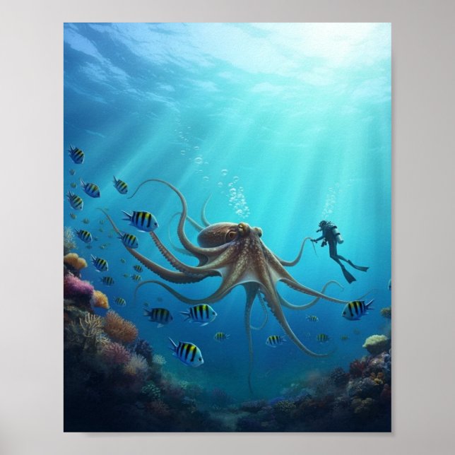 Poster Un plongeur aperçoit une créature marine géante (Devant)