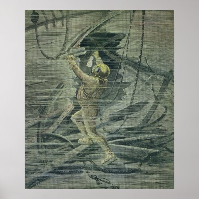 Poster Un plongeur en mer profonde regardant les épaves (Devant)