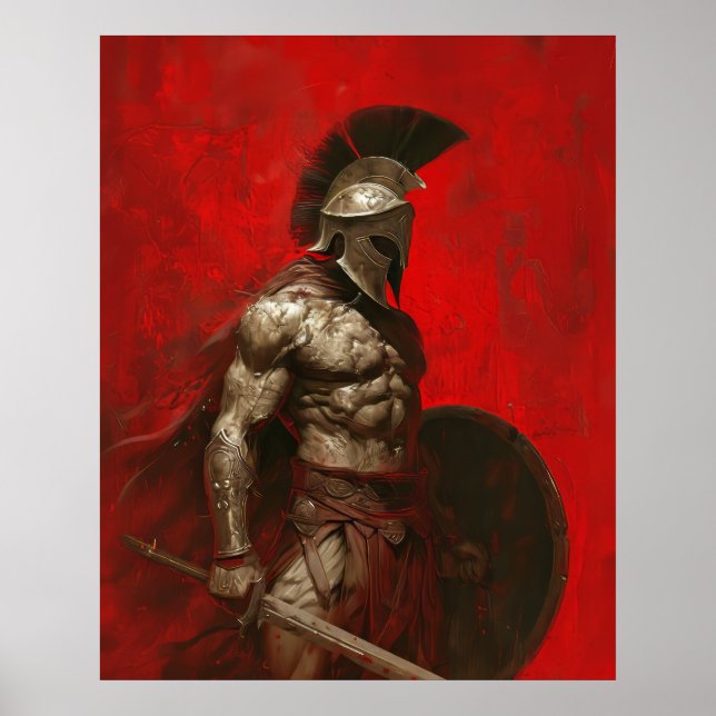 Poster Un puissant guerrier spartiate tenant l'épée et le (Devant)
