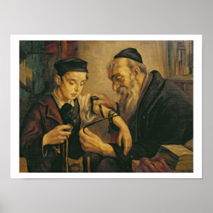 Poster Un rabbin attache les Phylacteries au bras d'un ga